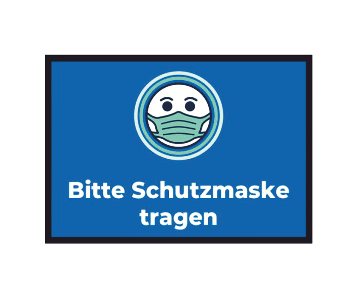 Fußmatte mit Hygienehinweisen, Sicherheitshinweisen.
